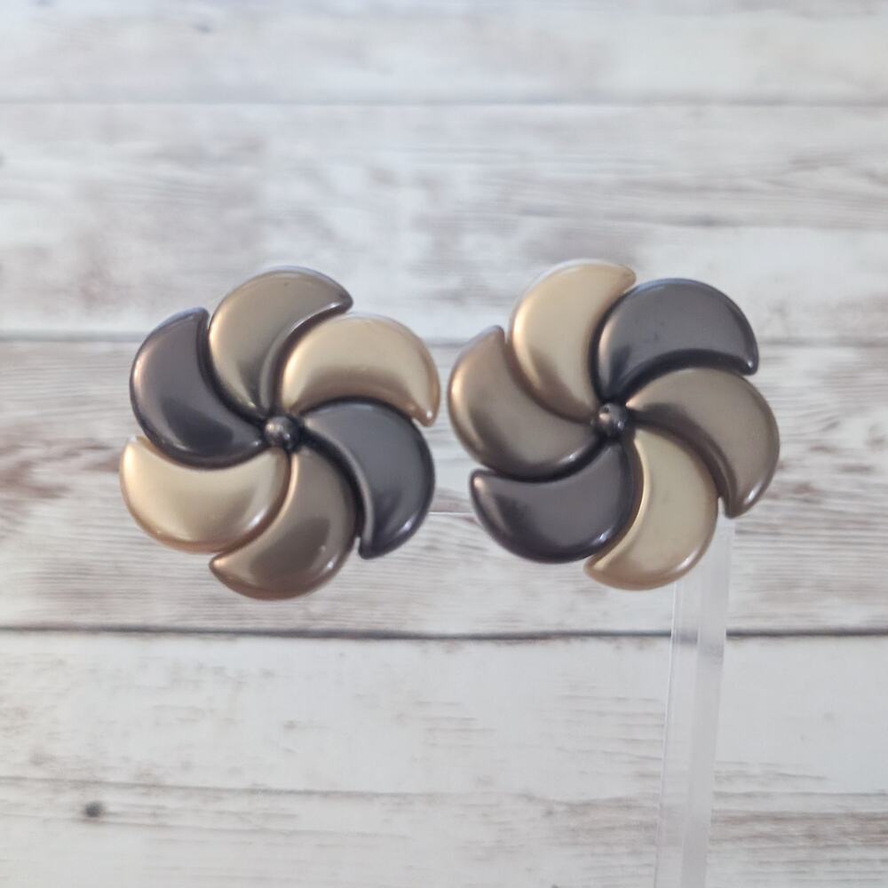 Vintage Clip On Earrings Extra Large Brown Metallic Tones Statement